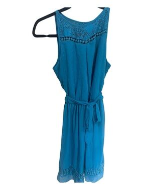 Girls Teal Sleeveless Belted Dress with Lace Trim